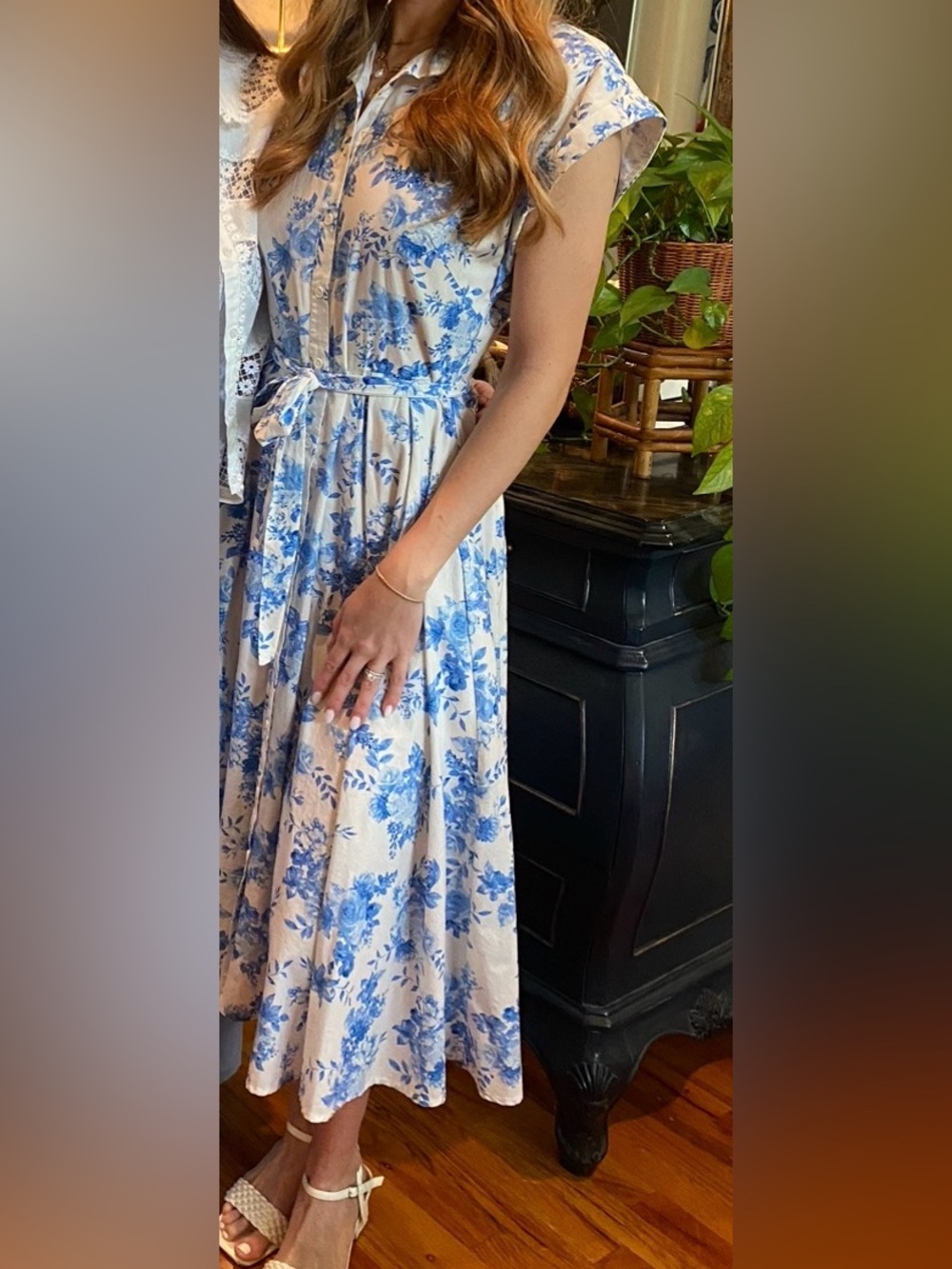 Blue Floral Midi Dress with Tie Waist